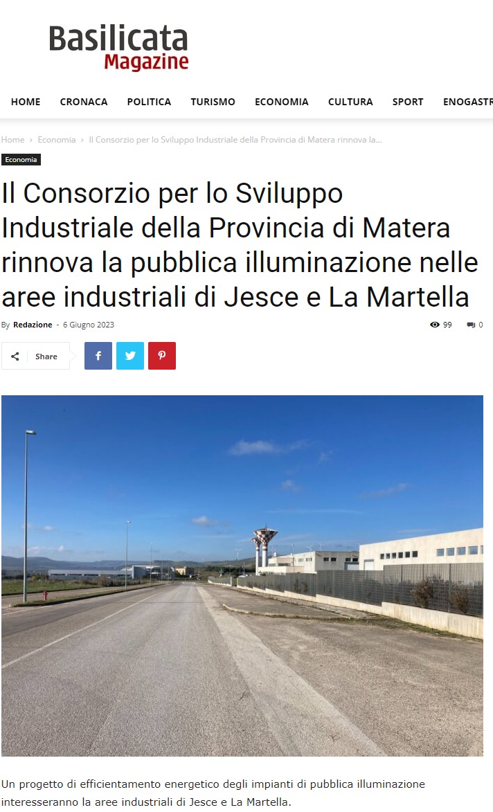 Il Consorzio per lo Sviluppo Industriale della Provincia di Matera rinnova la pubblica illuminazione nelle aree industriali di Jesce e La Martella