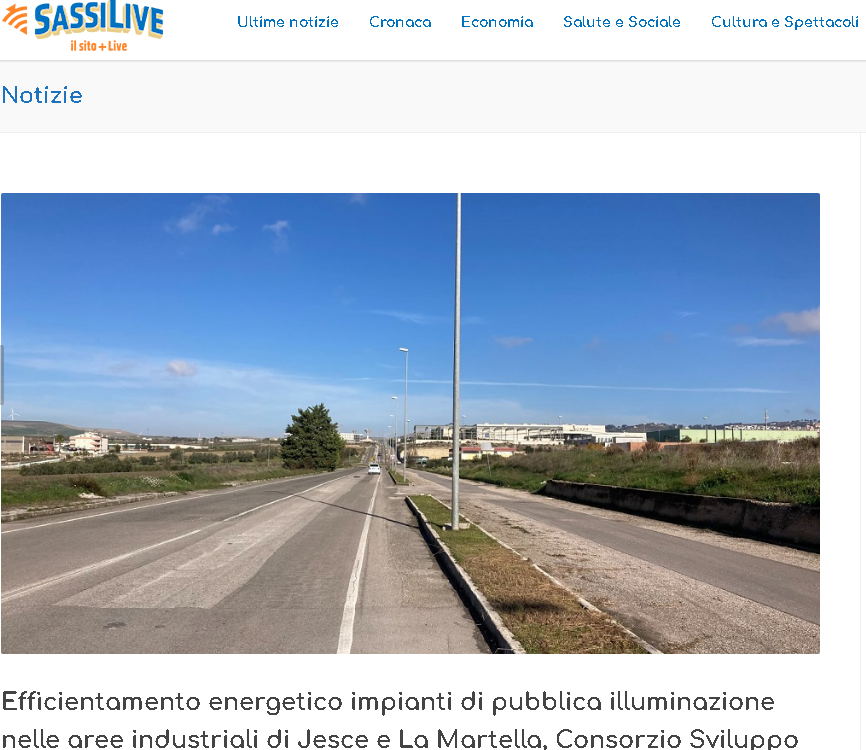 Efficientamento energetico impianti di pubblica illuminazione nelle aree industriali di Jesce e La Martella, Consorzio Sviluppo Industriale provincia di Matera annuncia consegna dei lavori