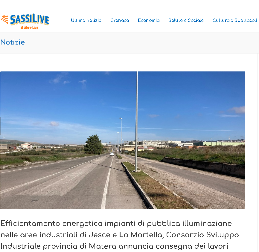 Efficientamento energetico impianti di pubblica illuminazione nelle aree industriali di Jesce e La Martella, Consorzio Sviluppo Industriale provincia di Matera annuncia consegna dei lavori