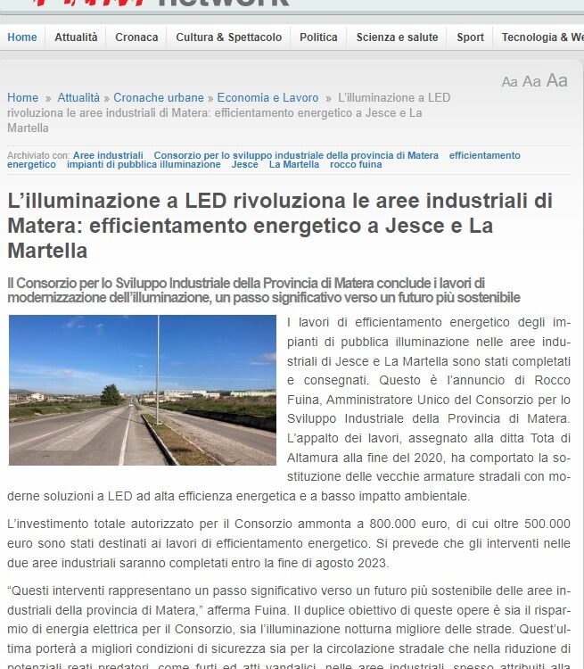 L'illuminazione a LED rivoluziona le aree industriali di Matera: efficientamento energetico a Jesce e la Martella