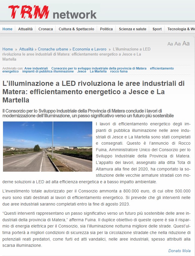 L'illuminazione a LED rivoluziona le aree industriali di Matera: efficientamento energetico a Jesce e la Martella