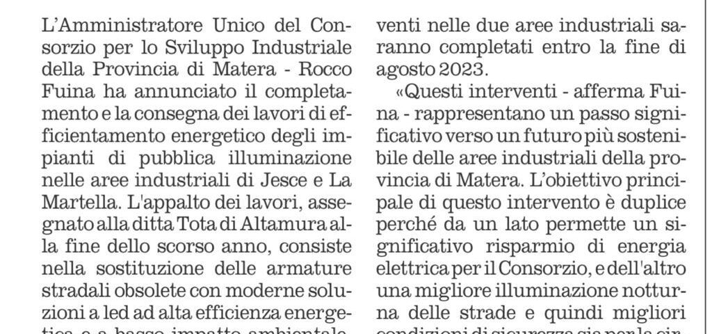 Fuina: "Illuminazione più efficace nelle aree industriali di Jesce e La Martella"