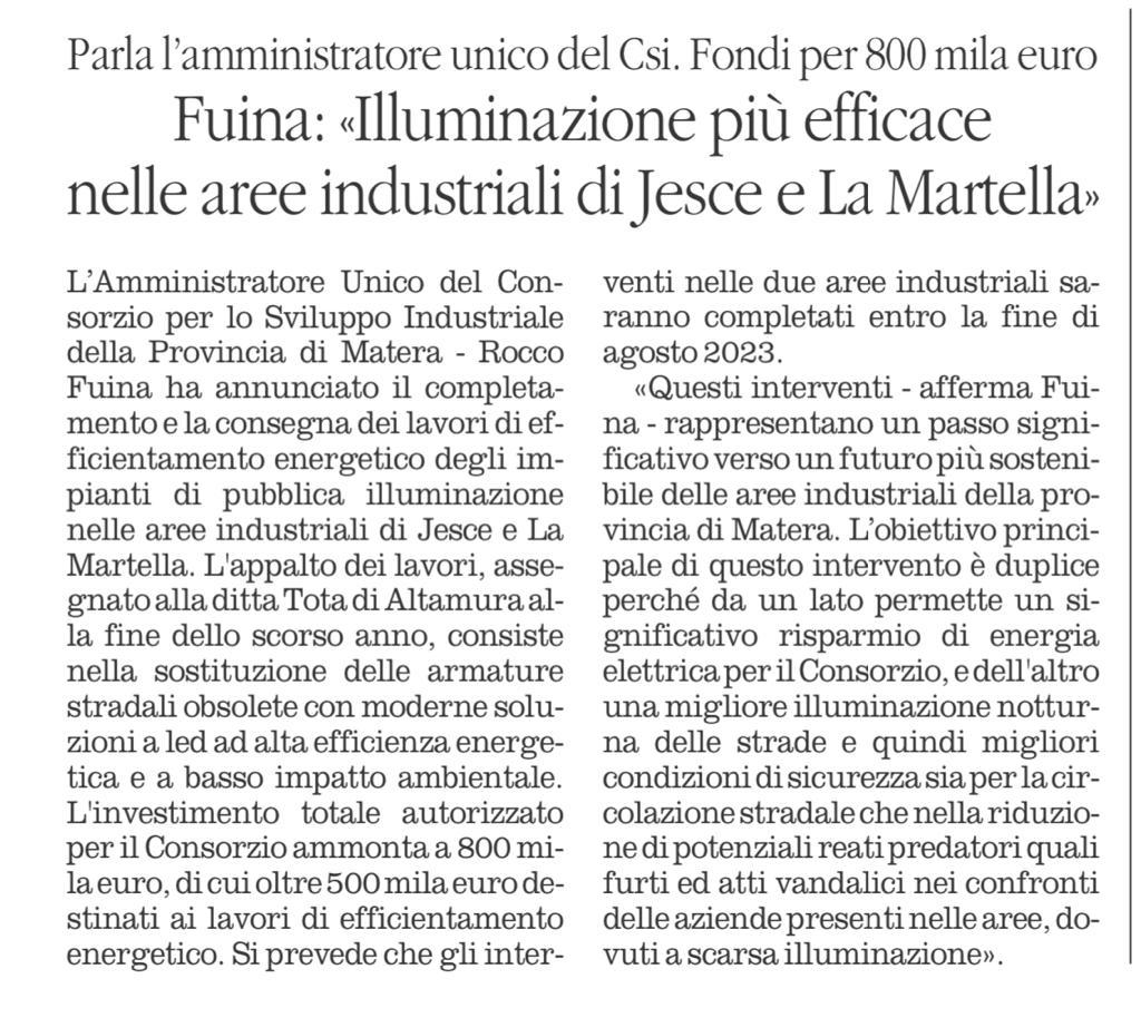 Fuina: "Illuminazione più efficace nelle aree industriali di Jesce e La Martella"