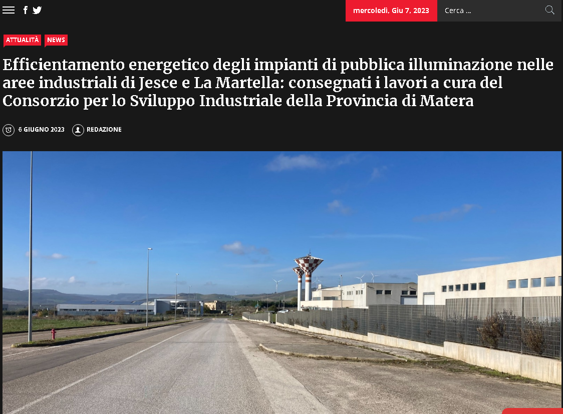 Efficientamento energetico degli impianti di pubblica illuminazione nelle aree industriali di Jesce e La Martella: consegnati i lavori a cura del Consorzio per lo Sviluppo Industriale della Provincia di Matera